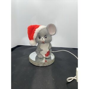 Vintage Ceramic Christmas Gray Mouse Wearing Santa Hat Night Lamp Decor Works